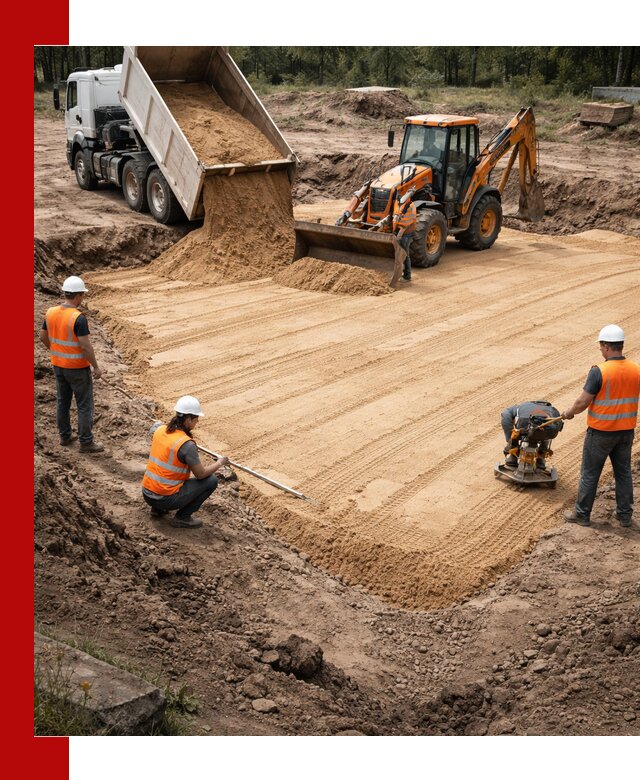 Устройство песчаной подушки для фундаментов и дорог в Полевском